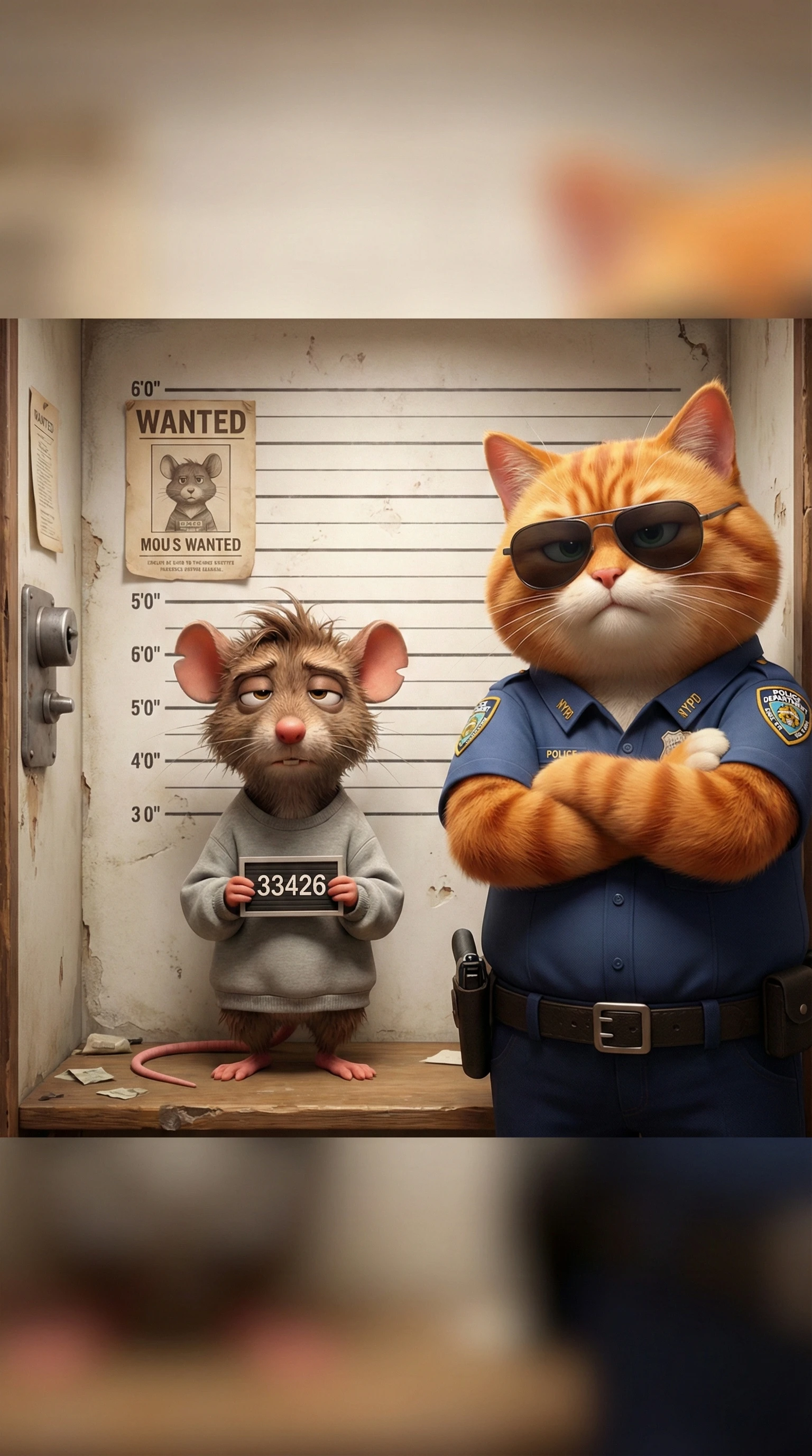 Cena 3D estilo Pixar de gato policial com ficha criminal de rato