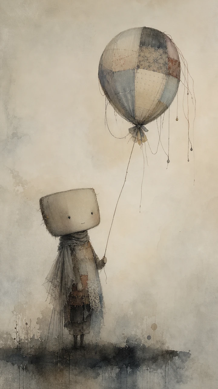Surreale Figur mit einem zarten, durchscheinenden Patchwork-Ballon
