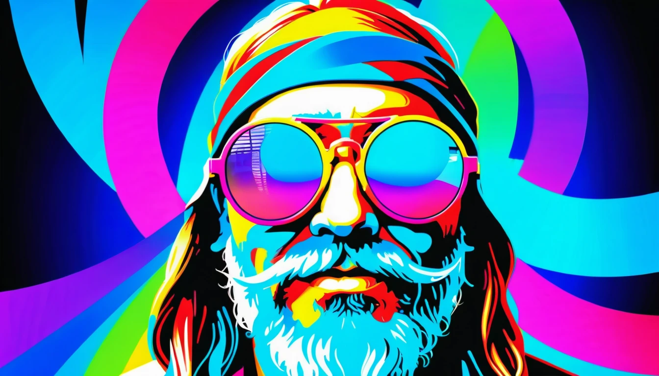 Mago hippie com óculos vibrantes de infinito e sinal de paz