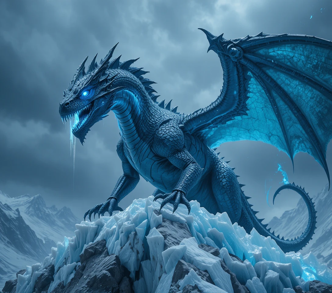Ancien Dragon Bleu sur un Sommet de Montagne Gelé et Fracassé