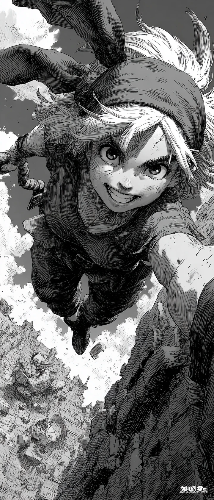 Anime-Luftpirat schwingt über eine riesige schwebende Schlucht