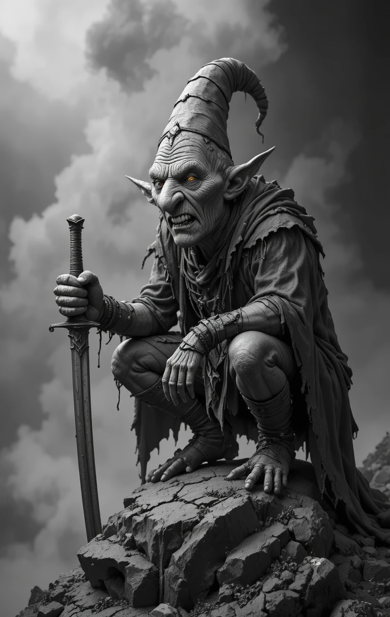 Goblin ameaçador com espada agachado sobre uma rocha