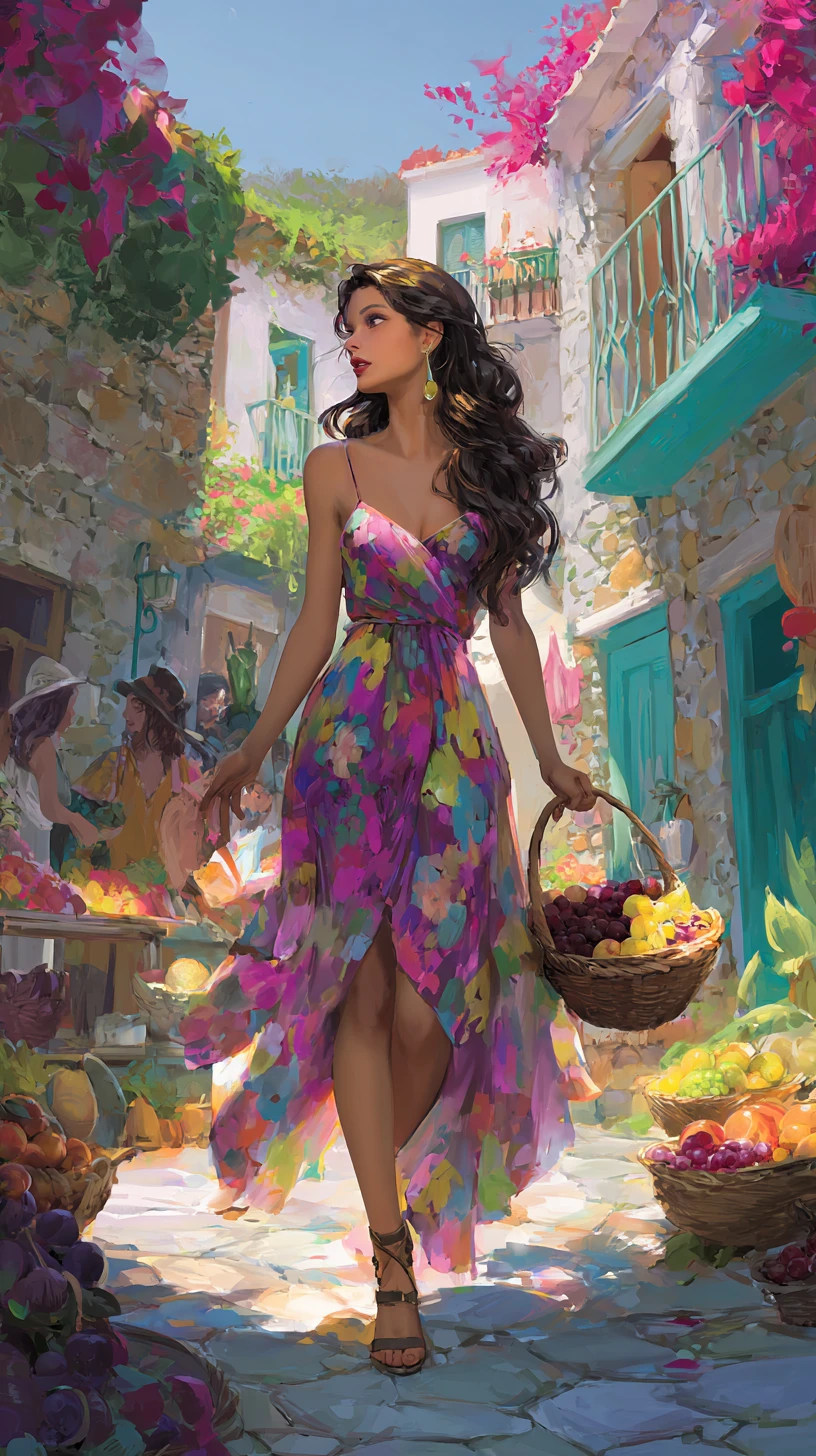 Stylish woman walking along colorful Greek cobblestone street