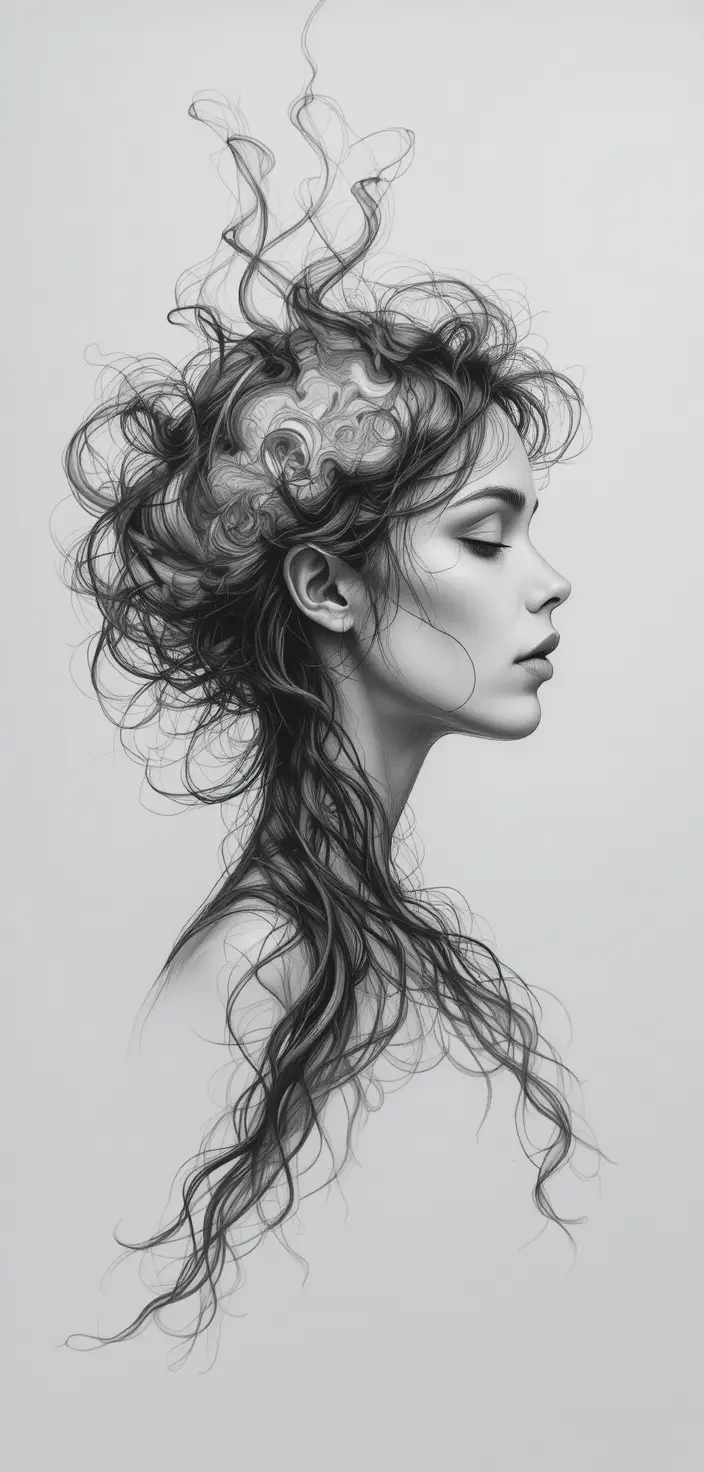 Dreamy woman profile with swirling smoke hair in monochrome