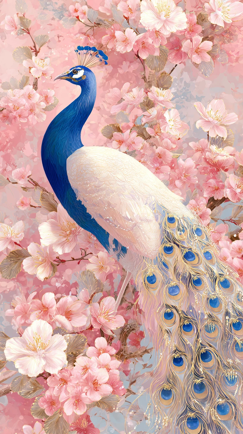 Pavão fantástico entre flores de cerejeira com detalhes dourados