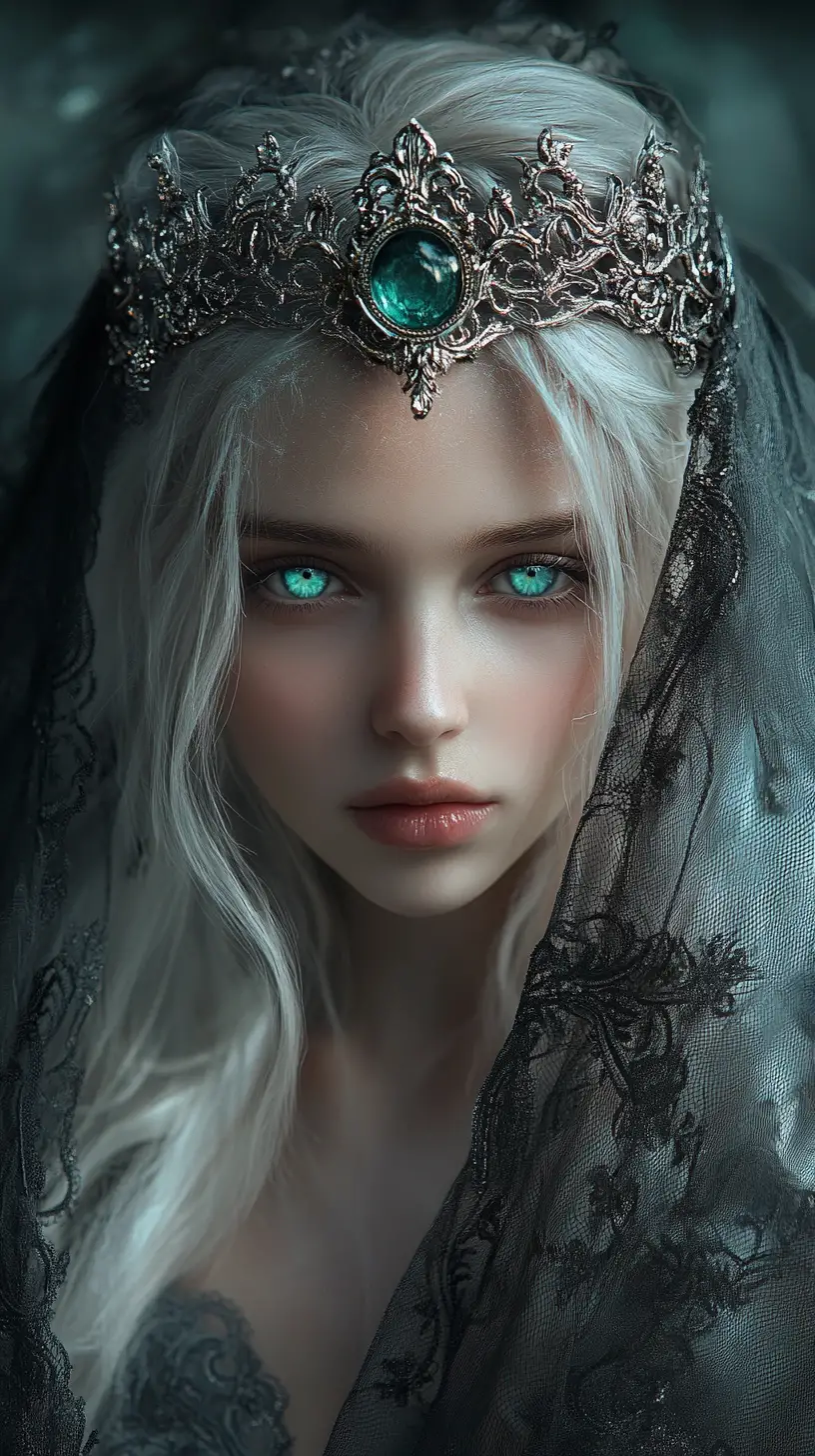 Ethereal crowned girl in a dark enchanted forest