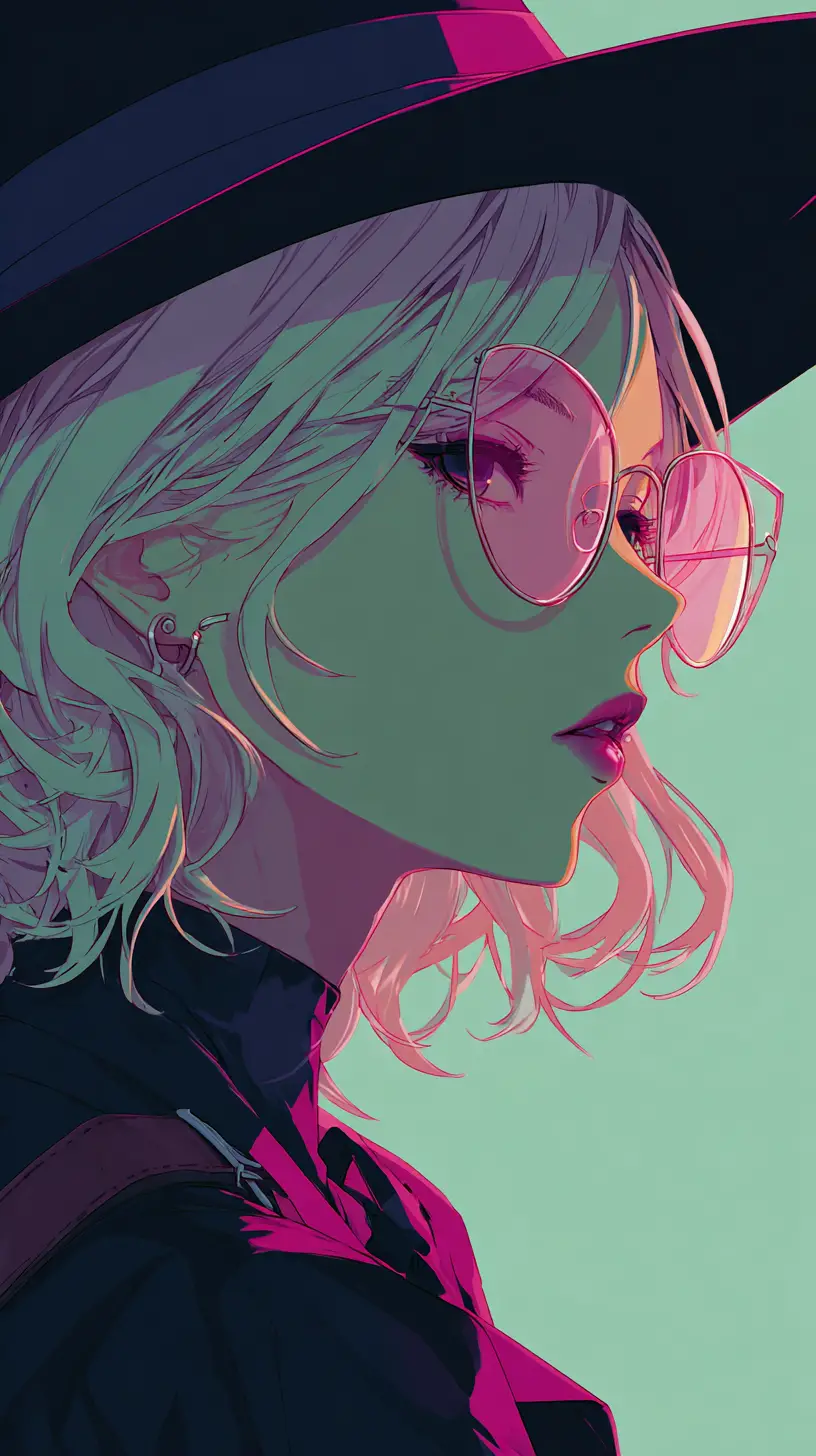 Donna anime con fedora e luce di contorno al neon rosa