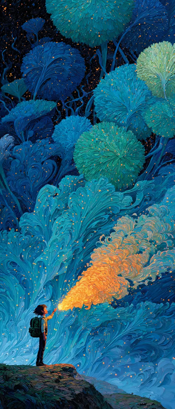 宇宙の花の星雲へ手を伸ばすファンタジー冒険者