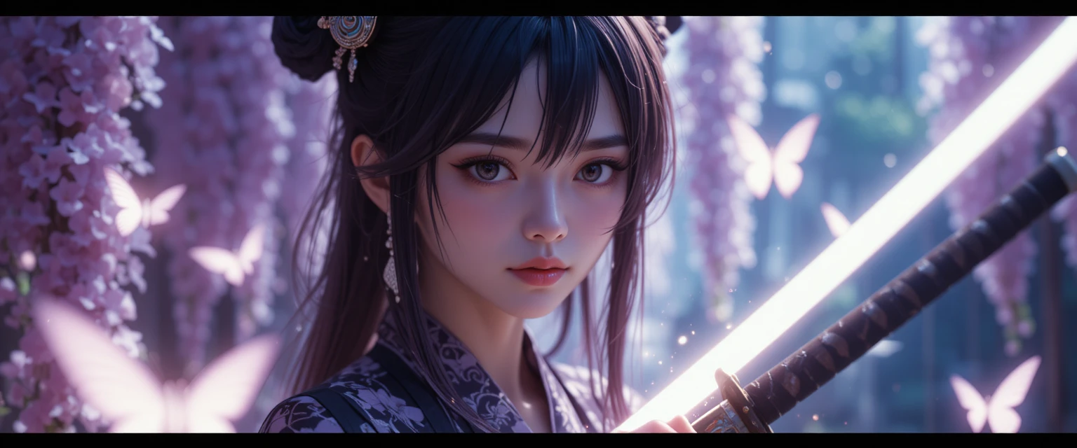Anime swordswoman in wisteria with butterflies and serene smile