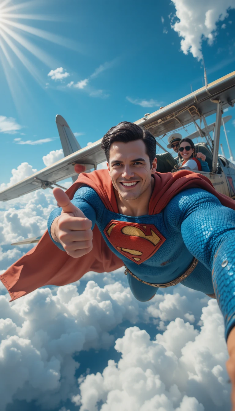 Super-herói Tirando Selfie Enquanto Voando ao Lado de Avião