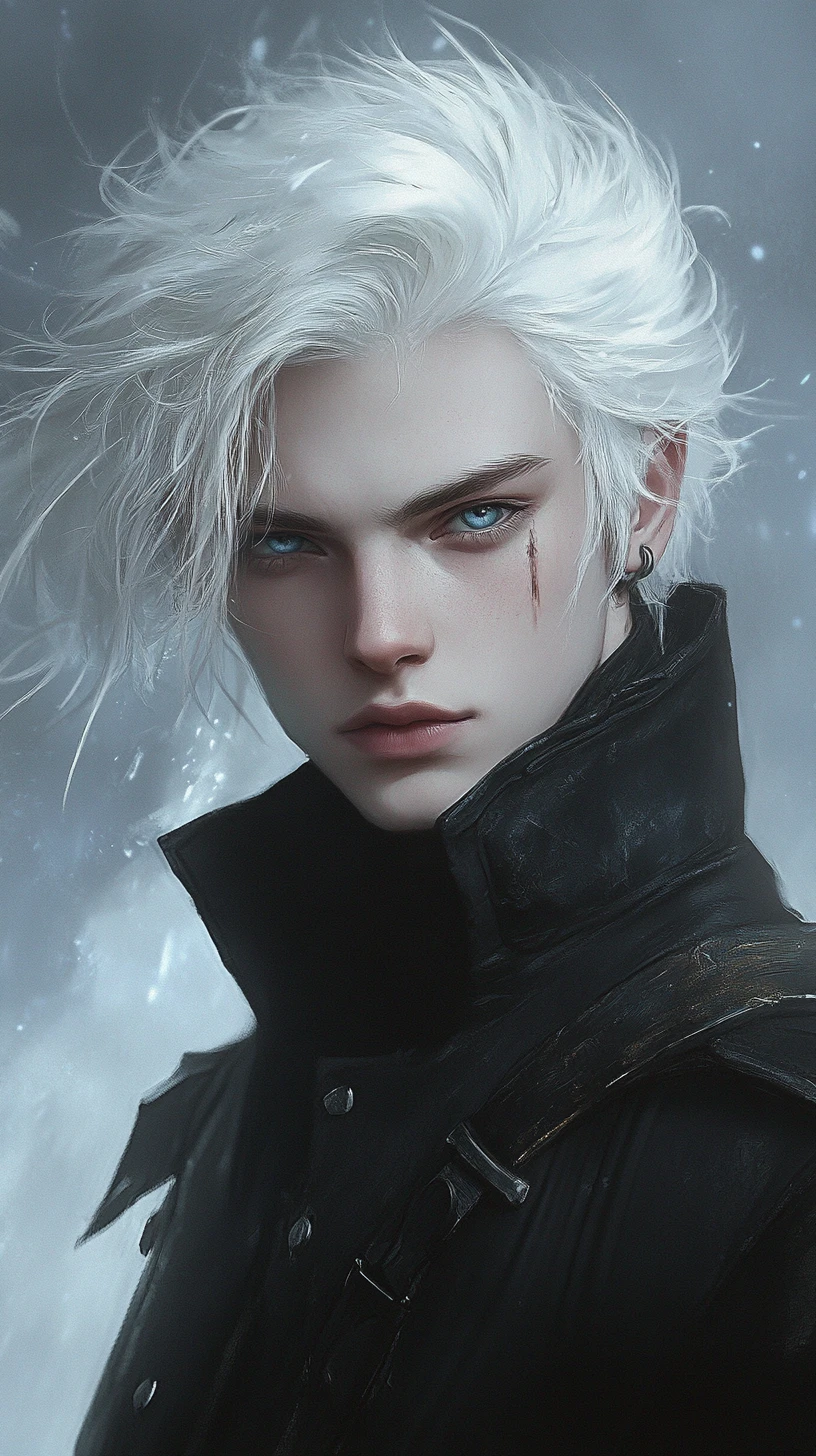 Homem de anime de cabelo branco com olhar azul-escuro intenso