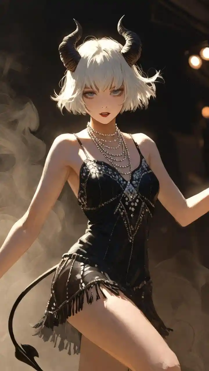 Mulher tiefling flapper dançando em contra-plongée