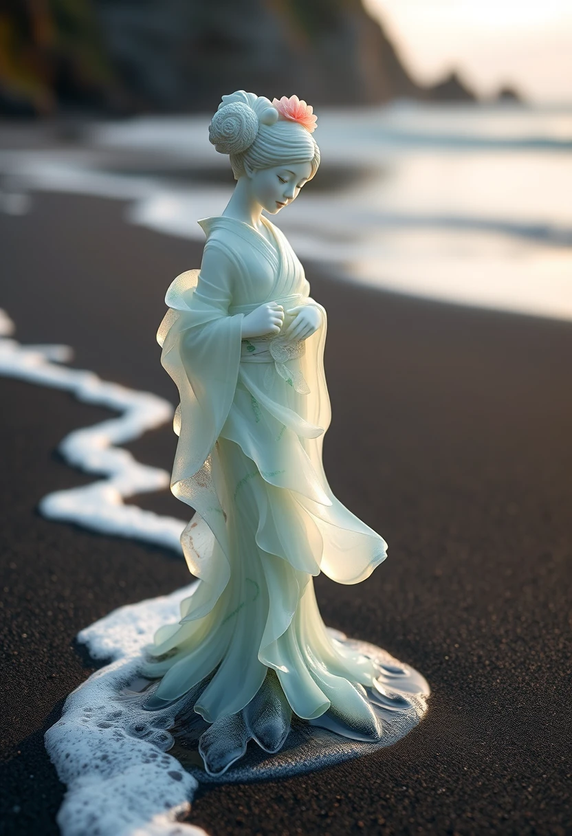 Transparente Geisha-Glasstatue an einem ruhigen schwarzen Sandstrand