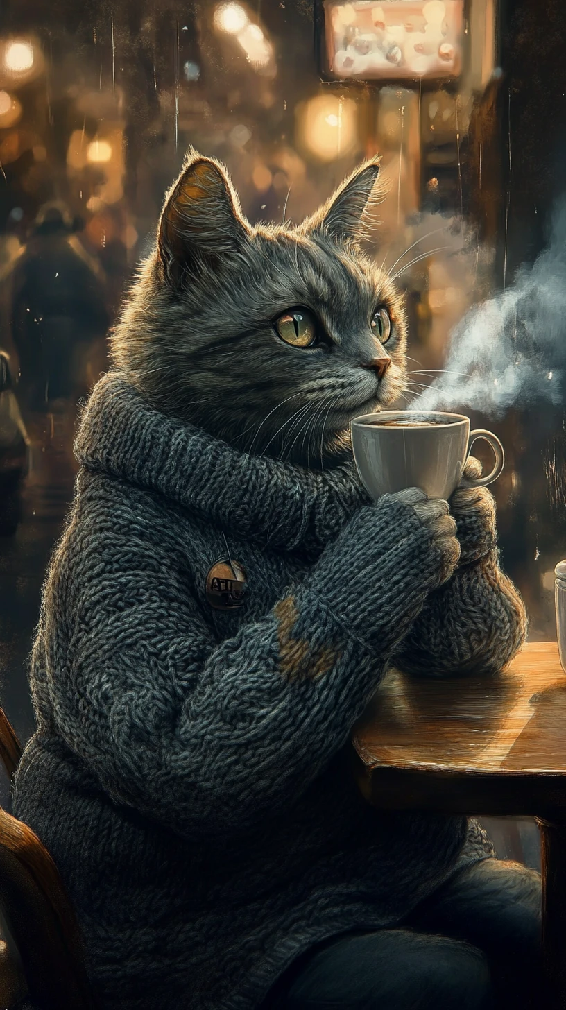 Graue Katze im Pullover trinkt Kaffee an einem Café-Tisch