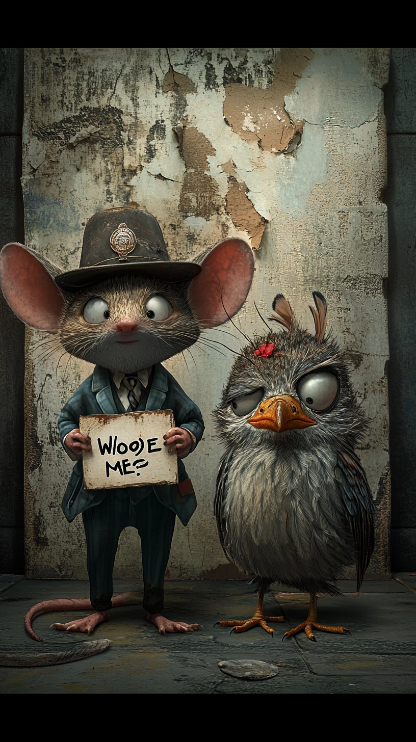 Rato e pássaro de desenho animado posando para uma divertida foto de ficha policial