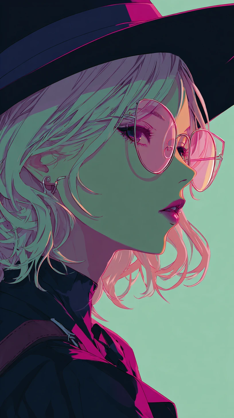 Anime-Frau mit Fedora im neonpinken Rim-Light