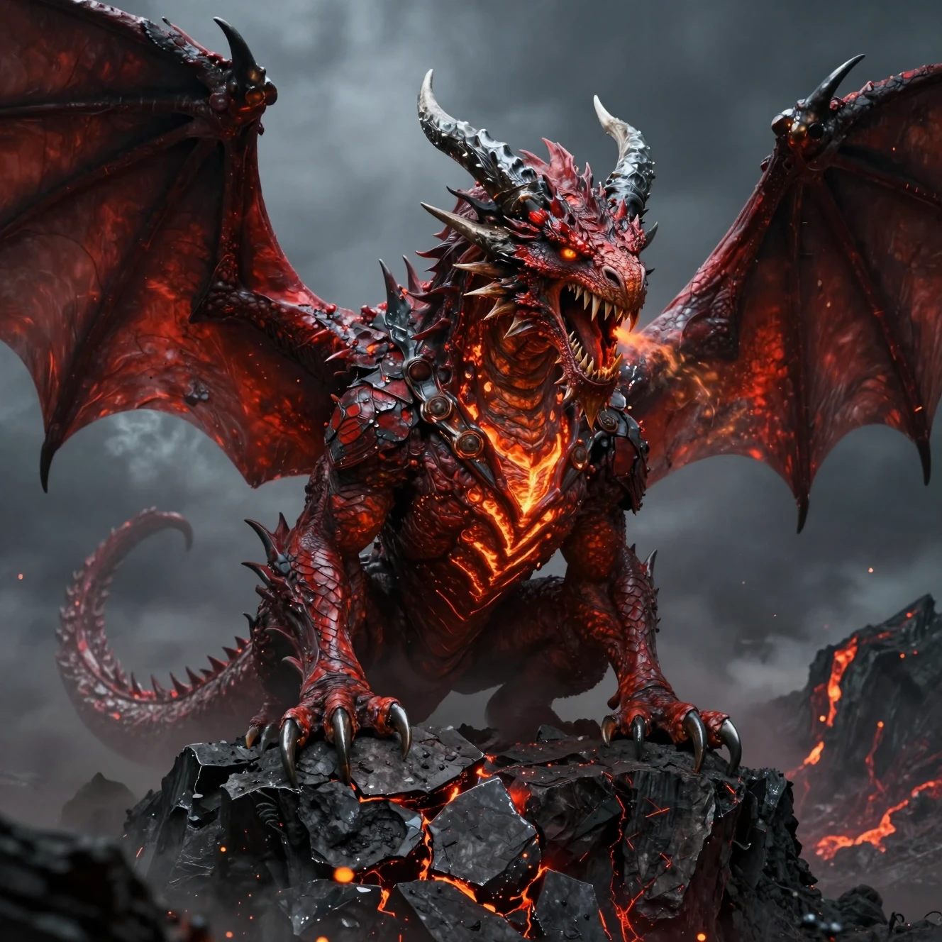 Uralter roter Drache auf zerklüfteter Vulkanklippe in der Dämmerung