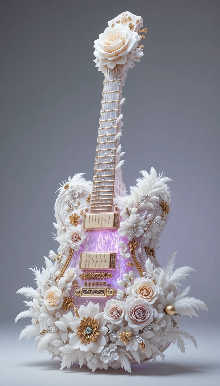 Guitarra de cristal luxuosa com entalhes barrocos e penas