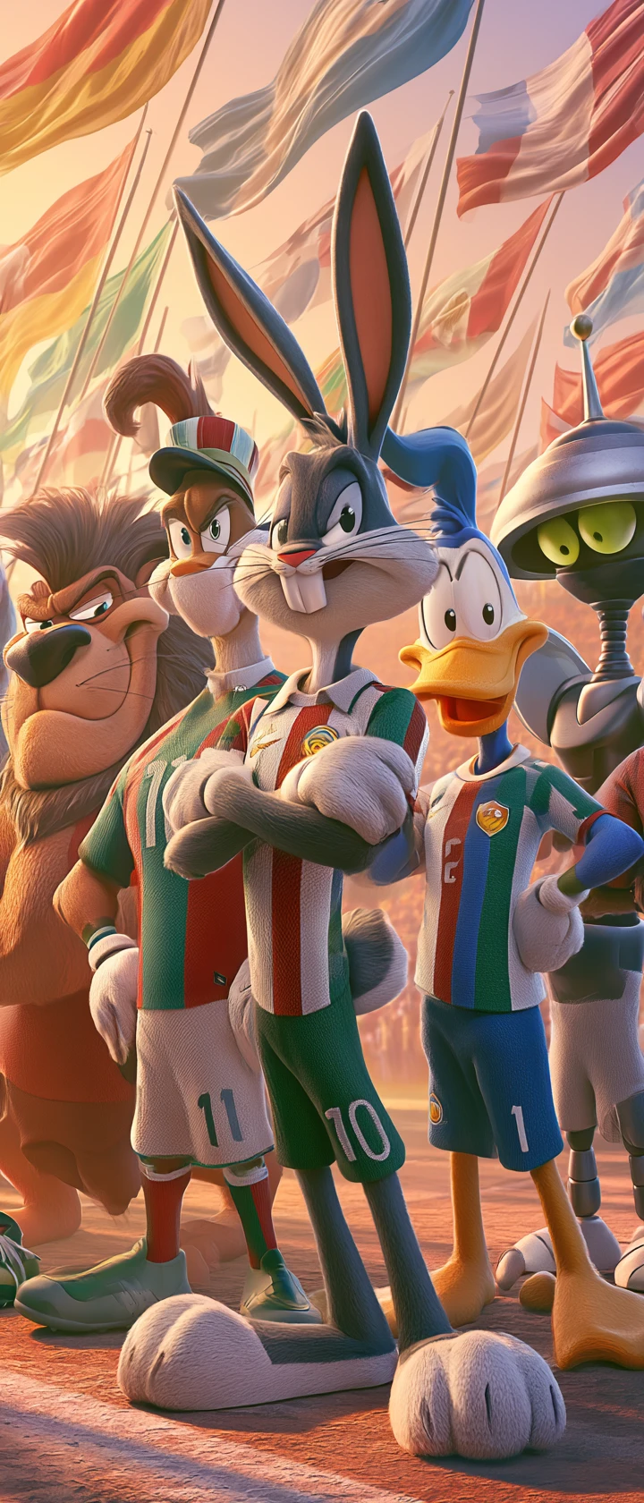 Equipos de Looney Tunes en retrato heroico de la Copa del Mundo