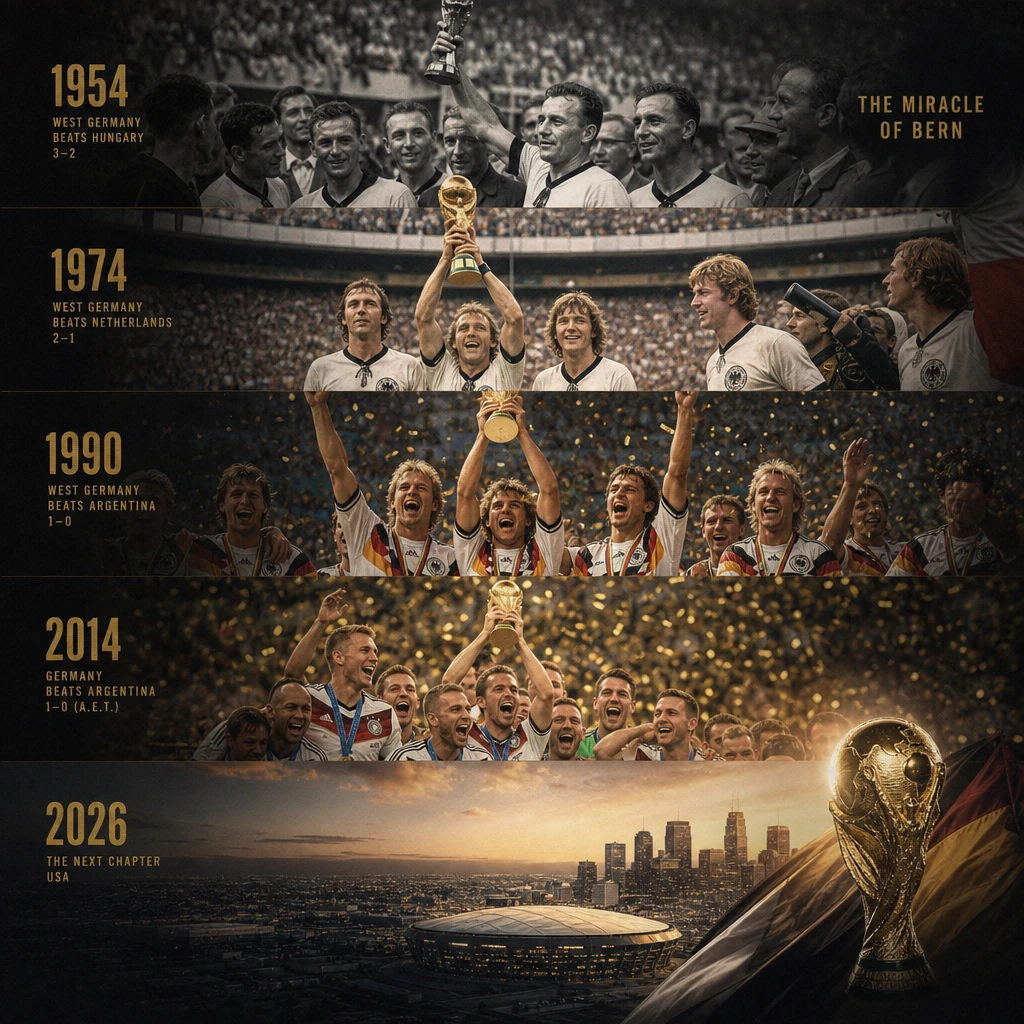 Campeones alemanes del Mundial de fútbol a lo largo de una línea de tiempo histórica