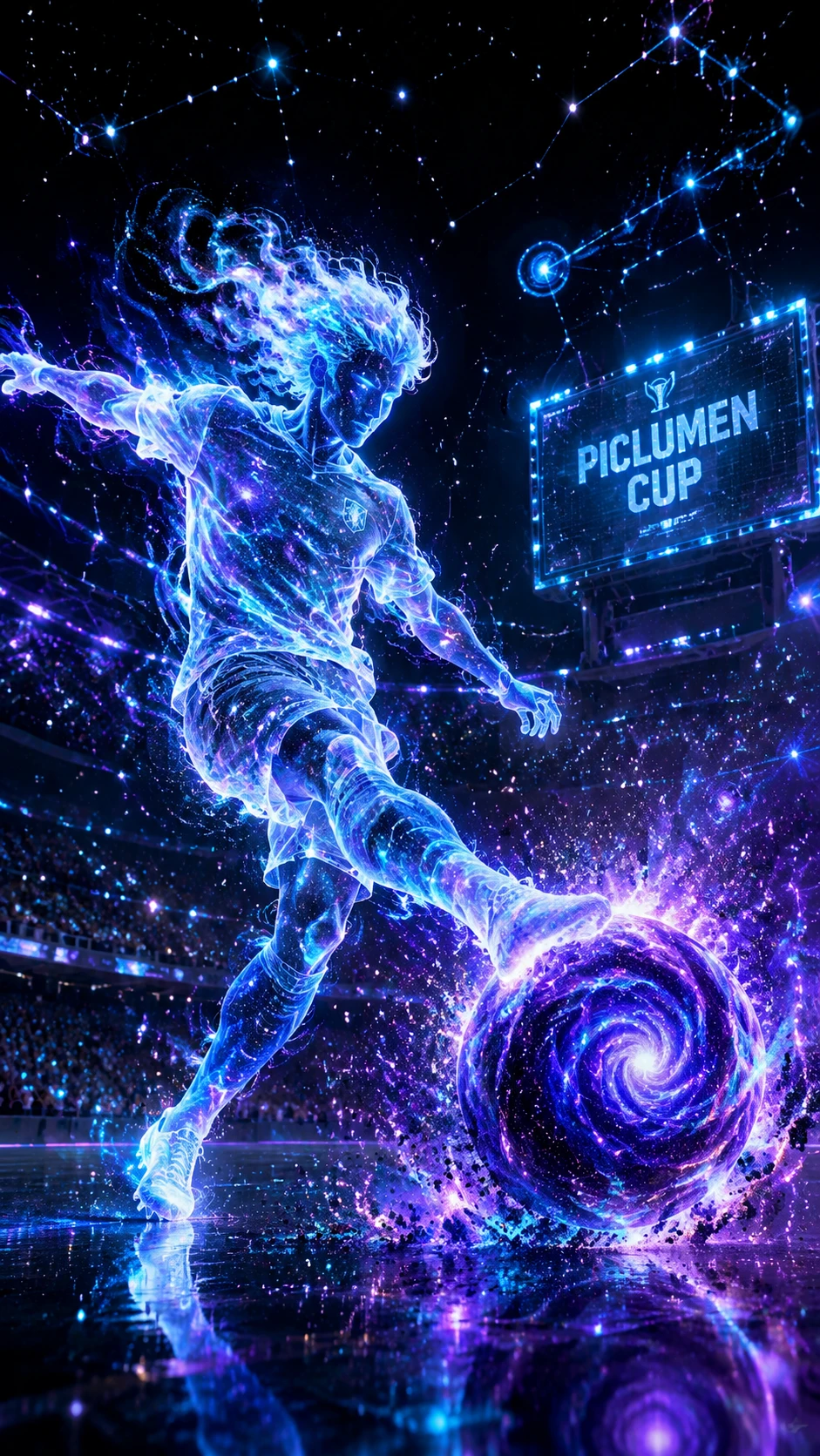 Calciatore celestiale che calcia una luminosa palla galattica cosmica