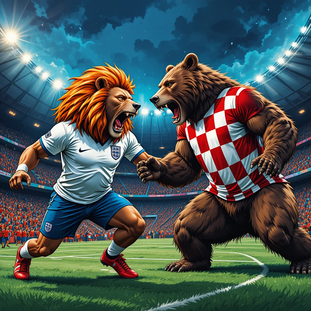Leão com camisa da Inglaterra investe contra um urso‑pardo em campo de futebol