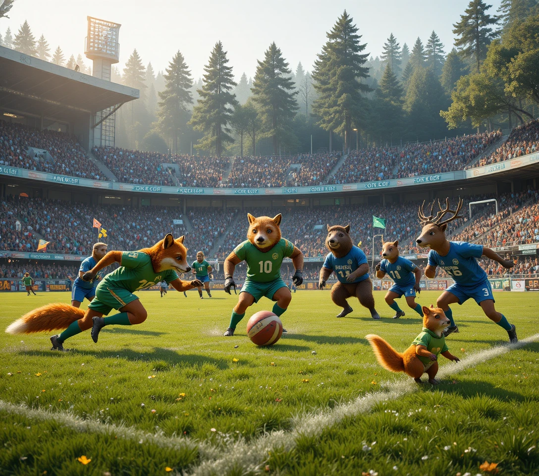 Animali del bosco in lotta in un affollato stadio di calcio nella foresta