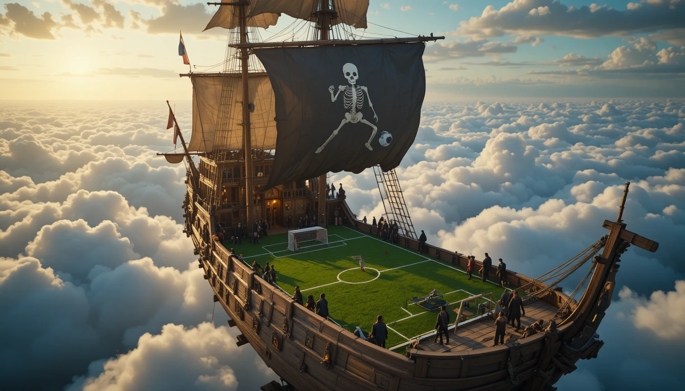Navio pirata voador com campo de futebol no céu acima das nuvens