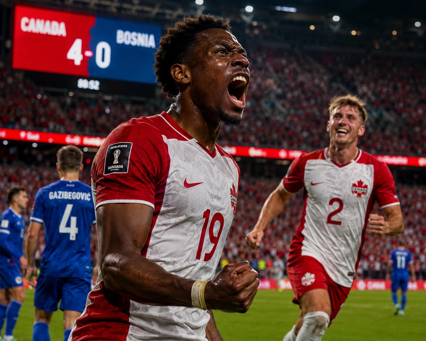 Fußballspiel im modernen Stadion mit Kanada in Führung gegen Bosnien