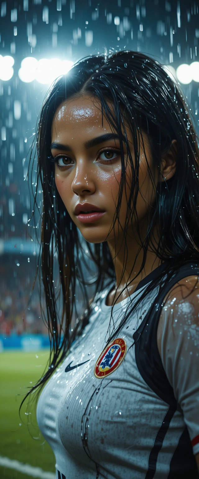 Futbolista latina bajo la lluvia y potentes luces de estadio