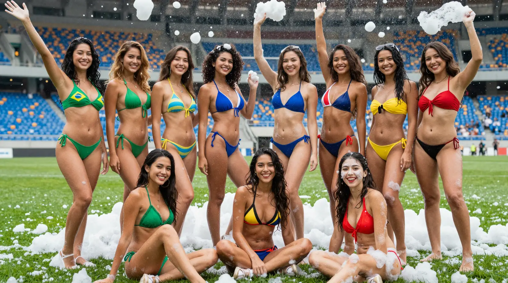 Weibliche Fußballfans im Bikini auf einer Schaumparty im Stadion