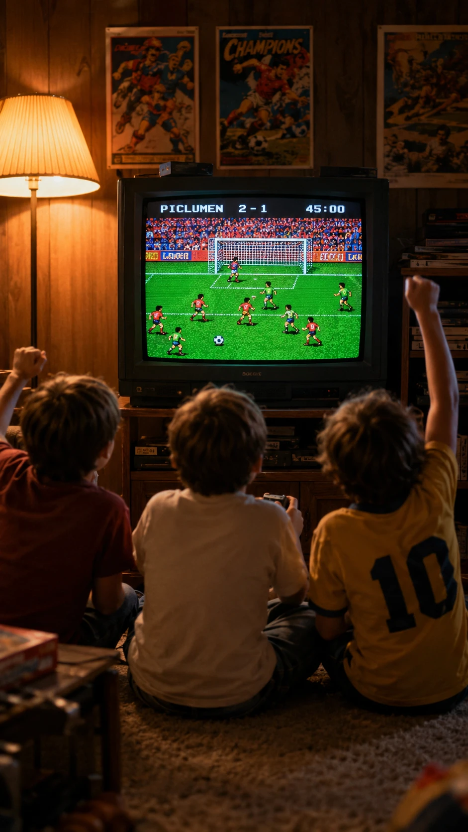 Enfants jouant à un jeu vidéo rétro dans un salon chaleureux