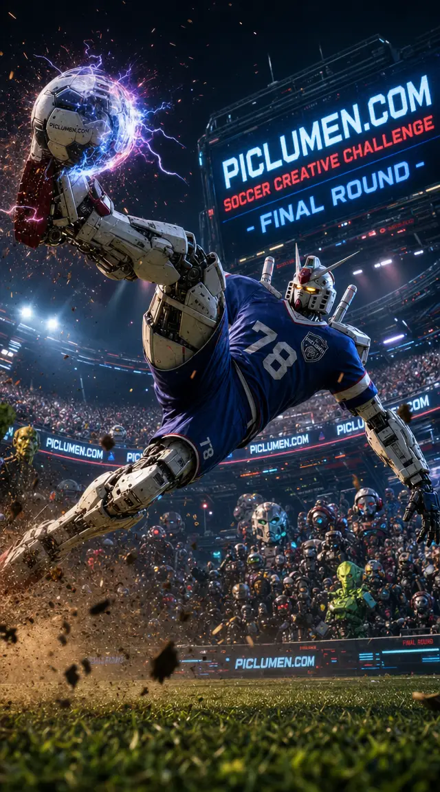 Géant Robot Gundam en Ciseau Aérien dans un Stade de Football Futuriste