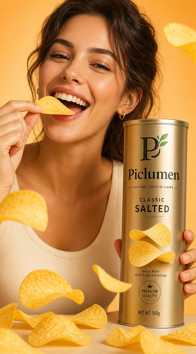 Jovem alegre saboreando batatas fritas crocantes e douradas