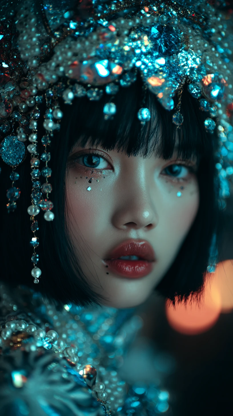 Joven con tocado de joyas y dramática iluminación azul