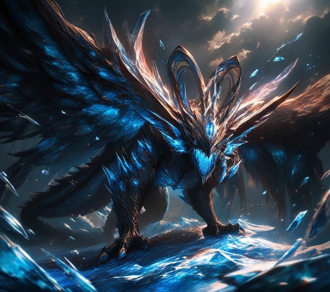 Dragão azul ancestral em montanha de gelo quebrada na tempestade
