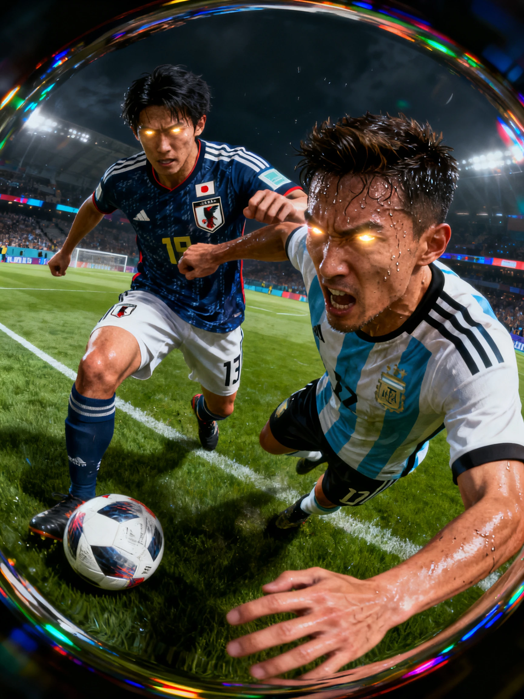 어두운 경기장에서 격렬하게 충돌하는 축구 선수들