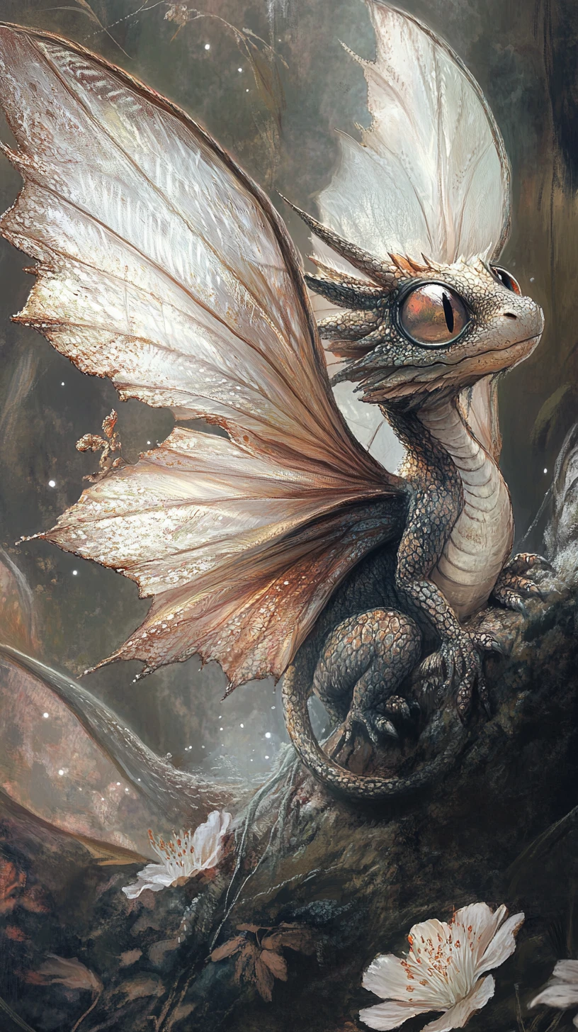 Petit dragon aux ailes de mite avec des détails délicatement dégradés
