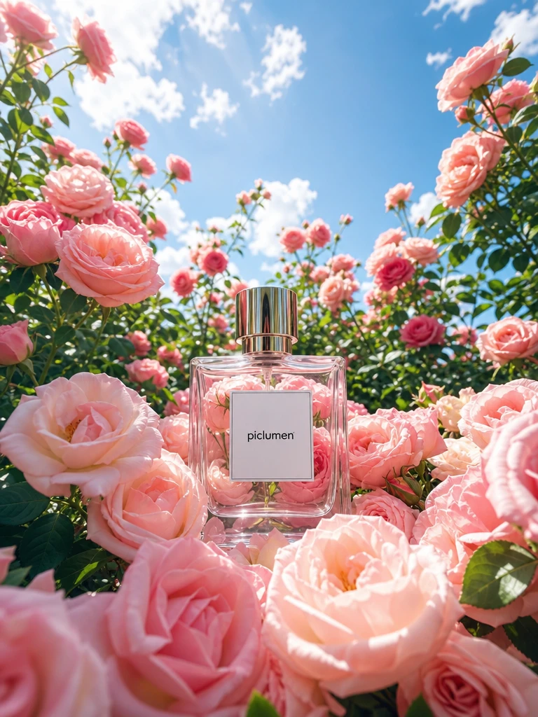 Kristallparfümflakon zwischen blühenden rosa Rosen