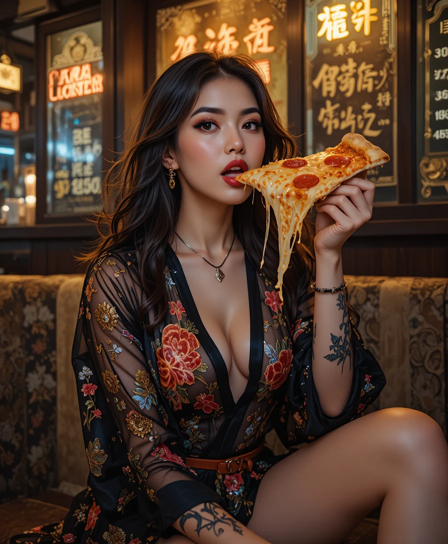 Gros plan d’une femme croquant dans une part de pizza pepperoni au fromage