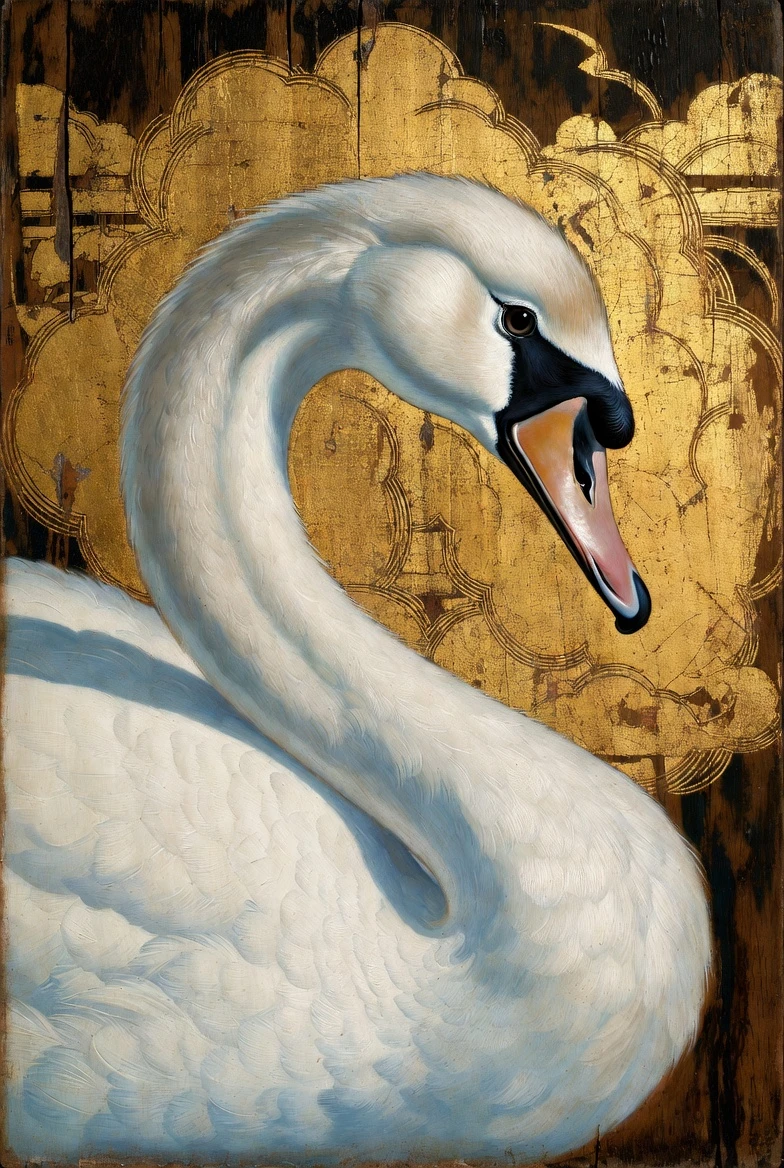 Peinture à la tempera d’un cygne blanc sur fond de nuages dorés