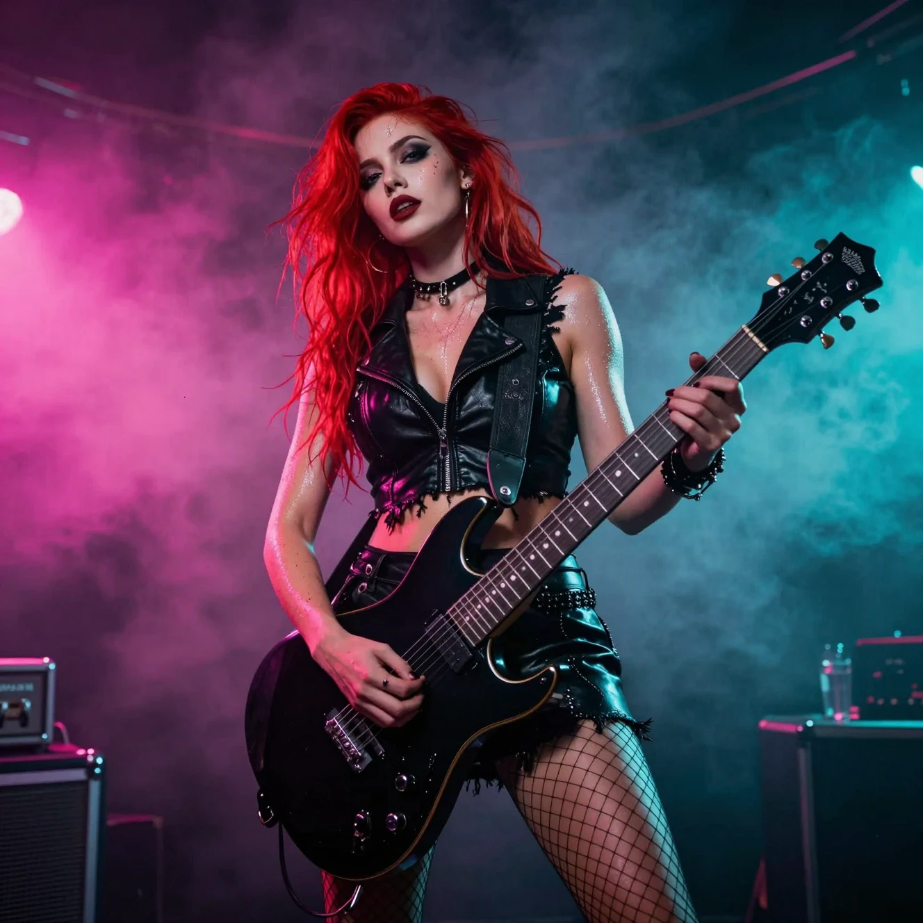 Donna punk rock che canta su palco fumoso illuminato al neon