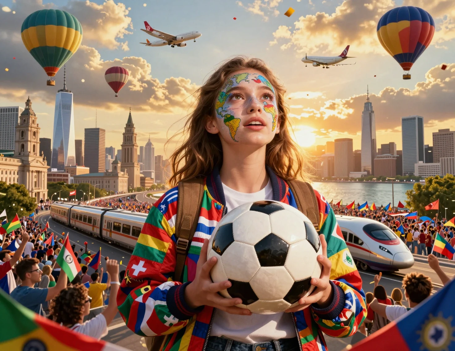 Jovem viajante com pintura de mapa-múndi no rosto segurando bola de futebol