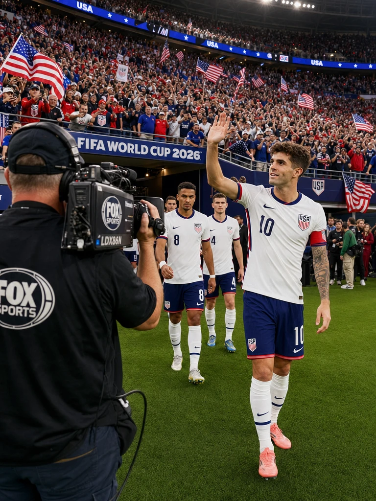 Jogadores de futebol entrando em campo e saudando torcedores americanos em festa