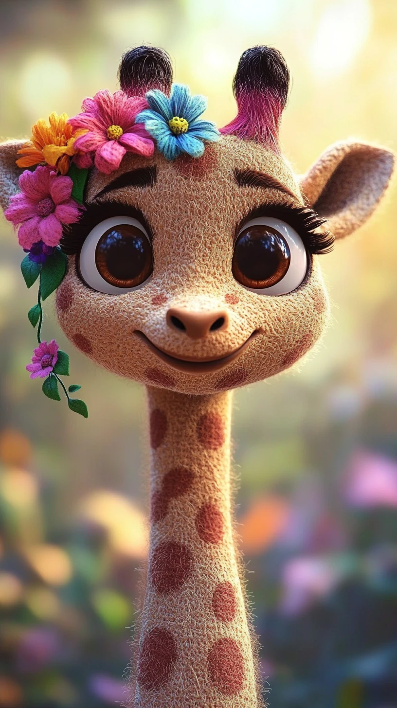 Fröhliches Cartoon-Giraffenporträt mit bunten Blumen und Bokeh