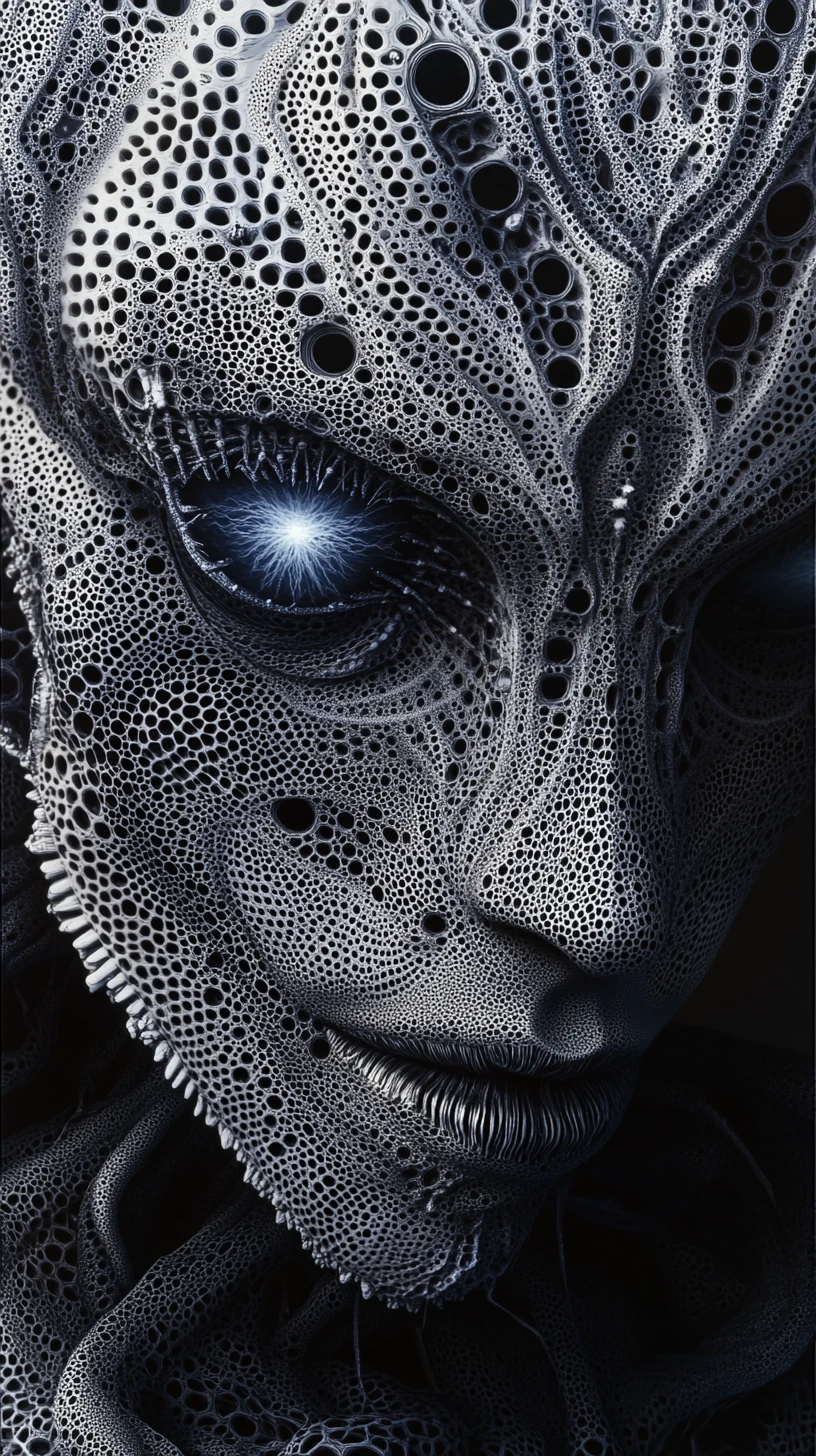 Entidad alienígena mandálica surreal con ojo central cian brillante