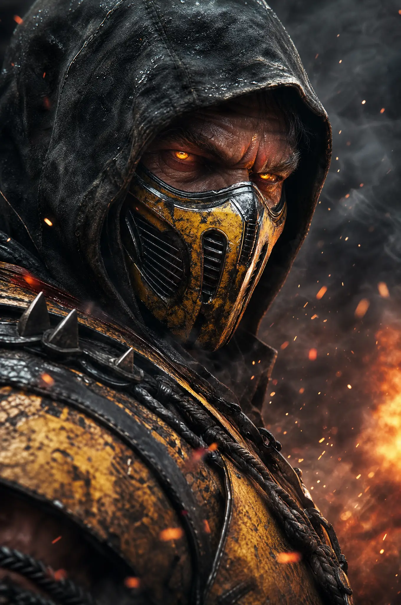 Retrato de guerreiro ninja mascarado em close ardente