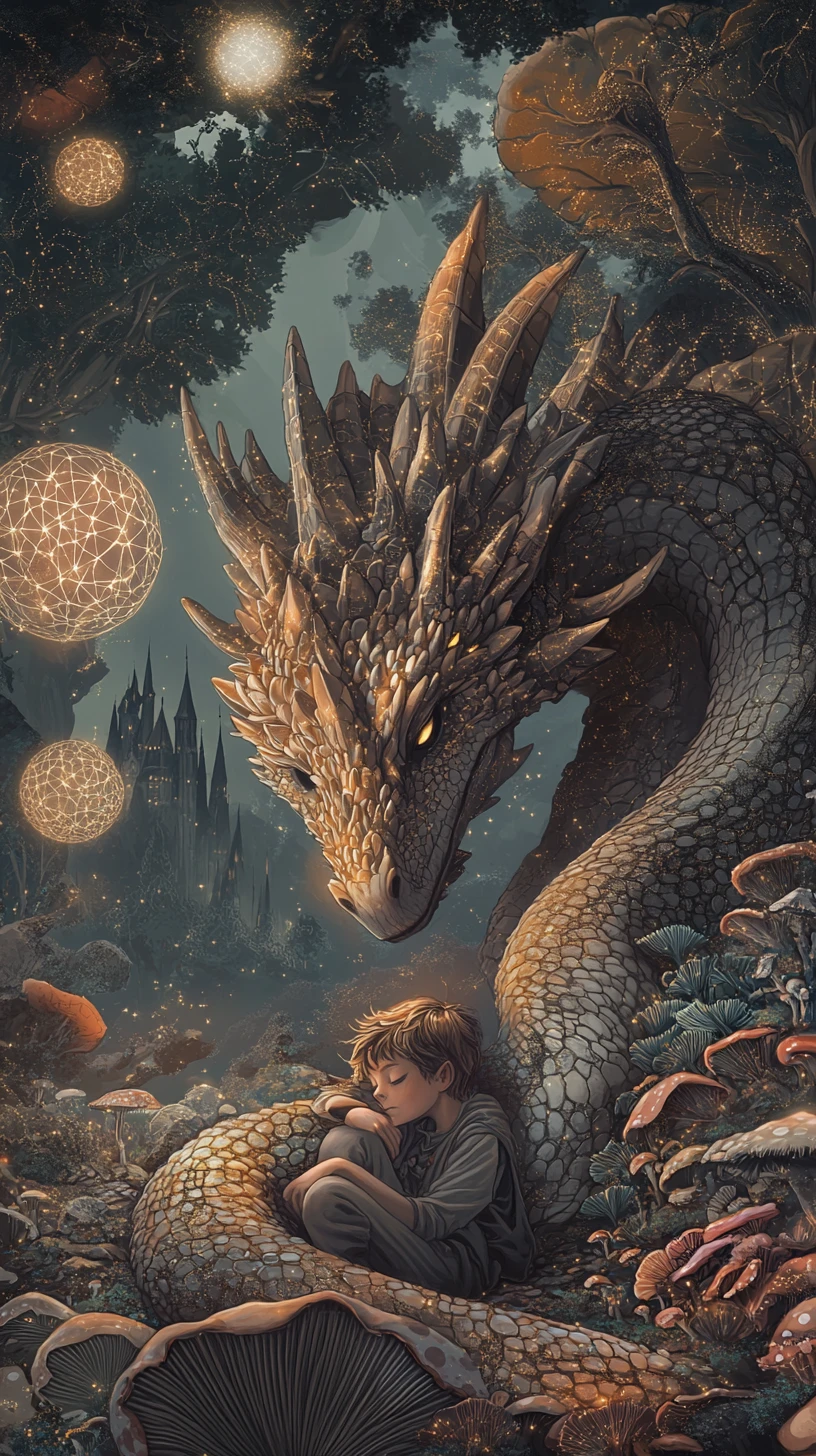 ドラゴンとともに幻想的な森で休む子どものドルイド