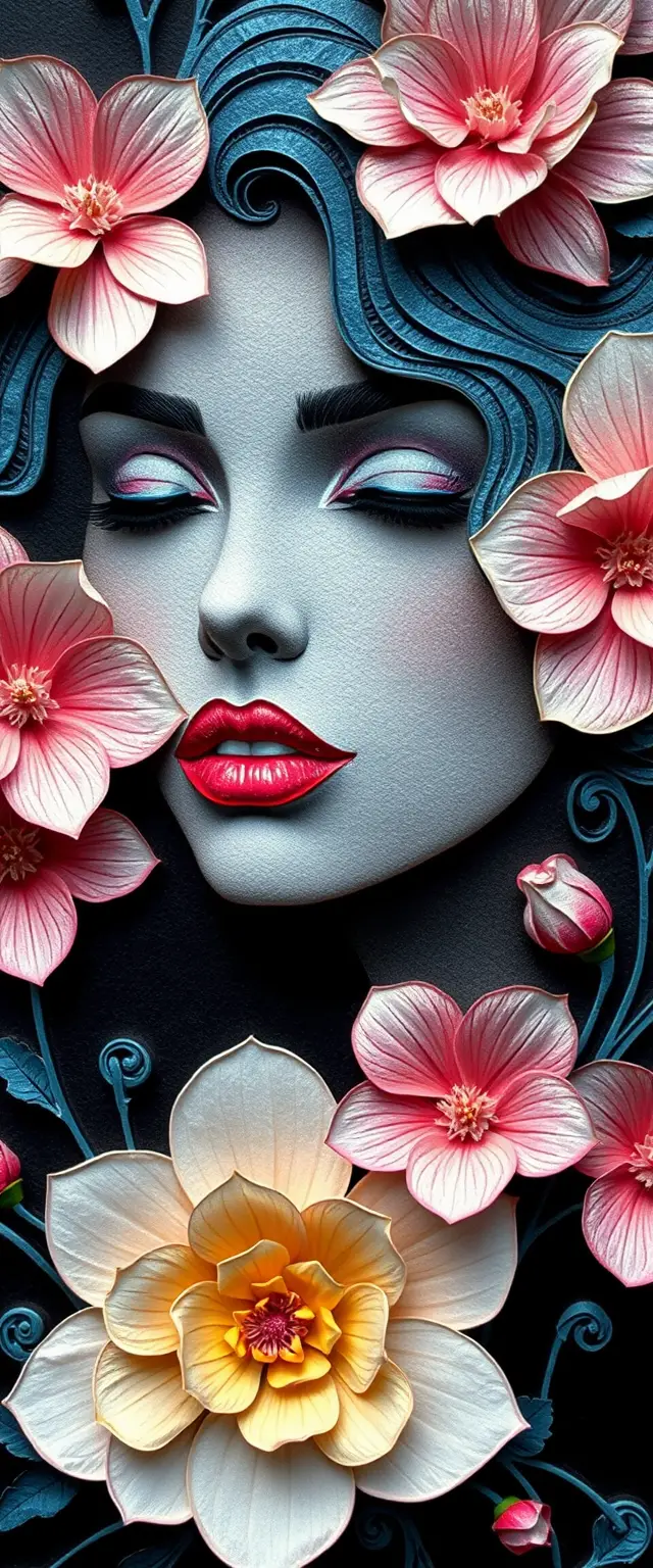 Pixelkunst-Porträt einer floralen Frau vor schwarzem Hintergrund