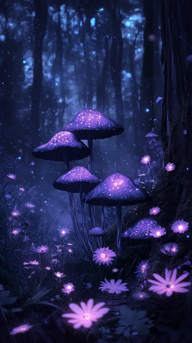 夜に光るキノコが瞬く生物発光の森